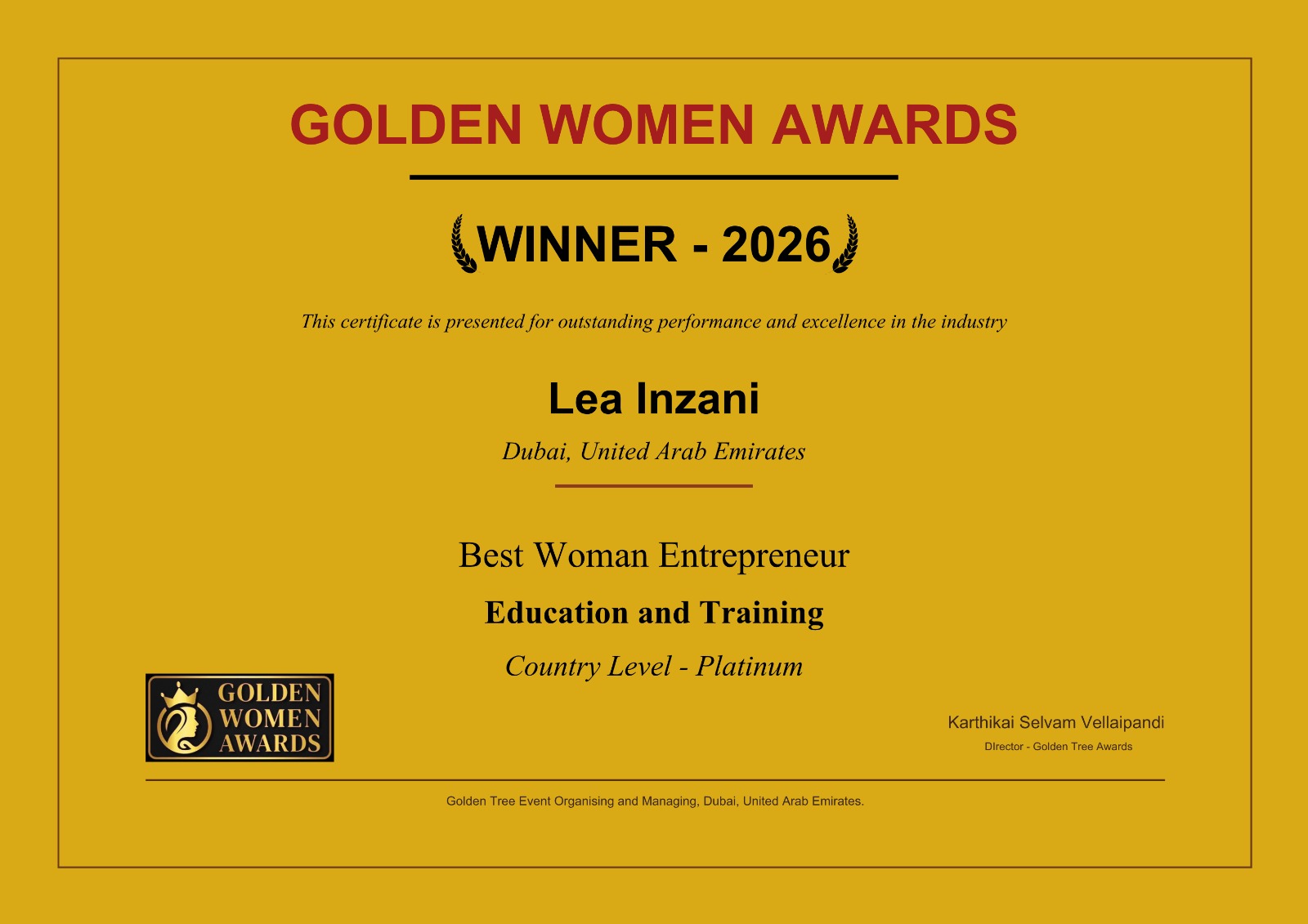 2026 Award Of Best Woman Entrepreneur in UAE by Golden Women Awards