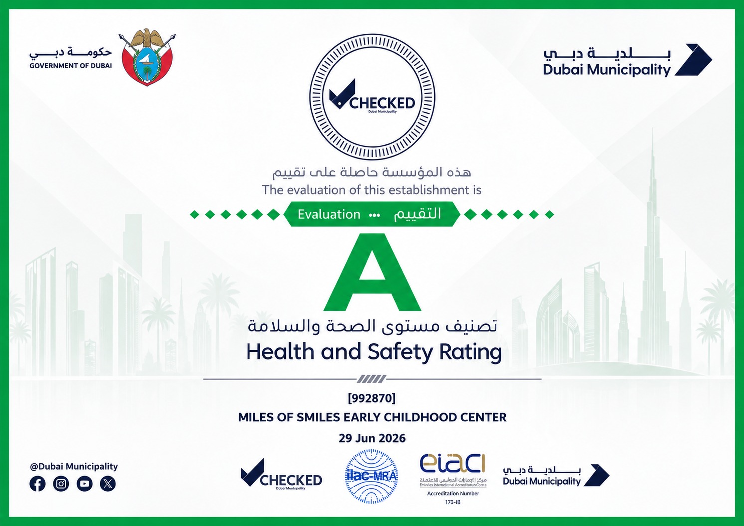 2026 Evaluation – Grade A Health & Safety Rating by Dubai Municipality