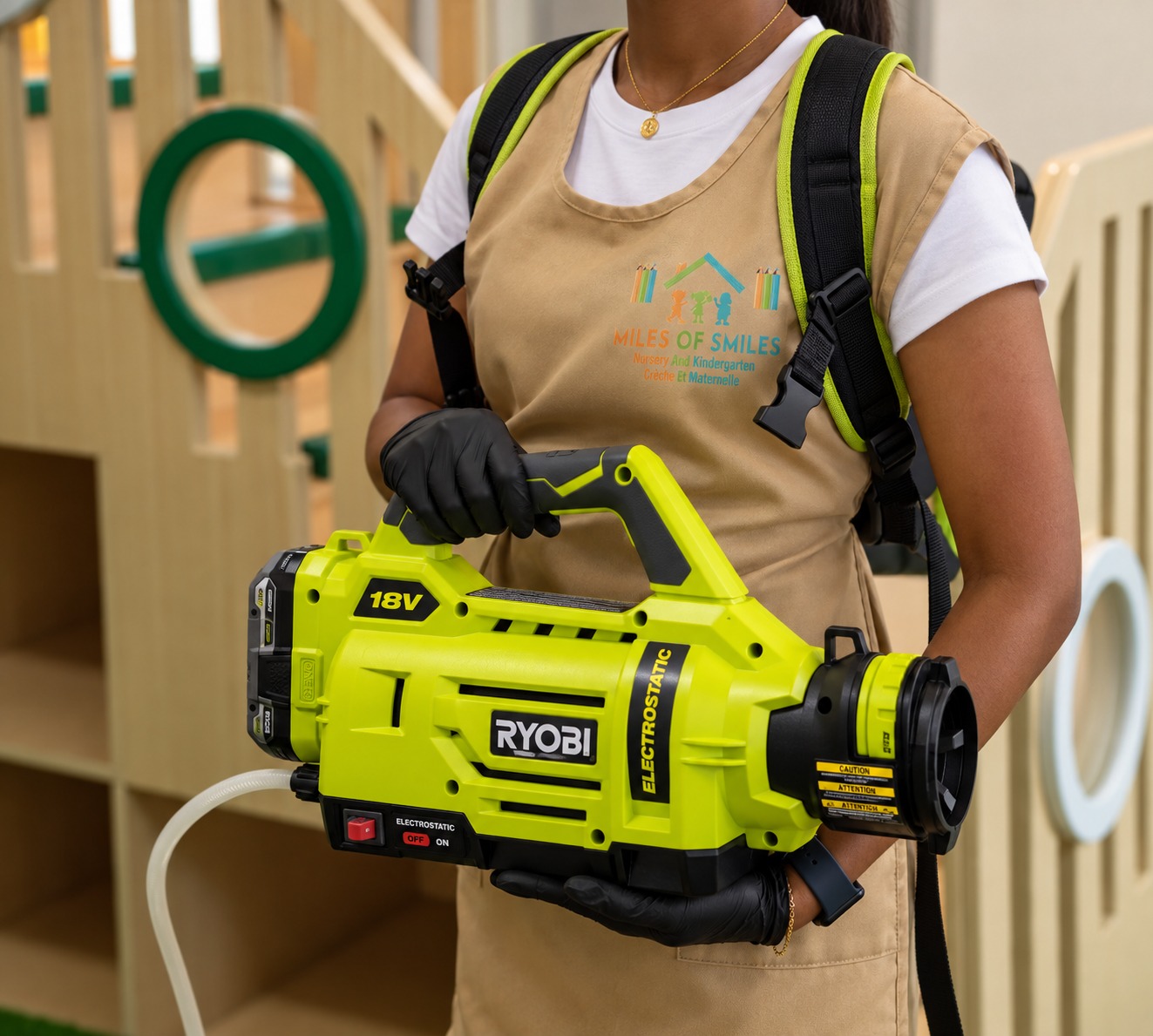 Miles of Smiles staff member holding a RYOBI electrostatic sprayer