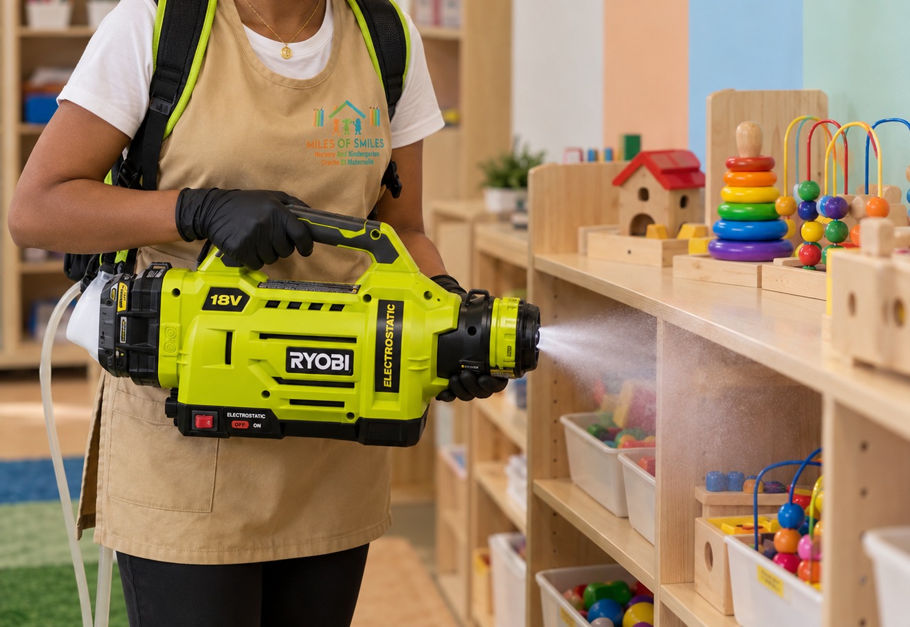 Staff member applying electrostatic disinfectant near nursery toys